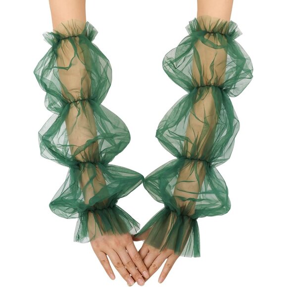 Accessories - Women's Dark Green Fingerless Elegant Fancy Stretchy Tulle Puffy Long Gloves
